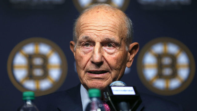 BOSTON, MA - MAY 16: Boston Bruins owner Jeremy Jacobs answers a reporter's question about sports betting during a press conference on the Bruins season at TD Garden in Boston on May 16, 2018.