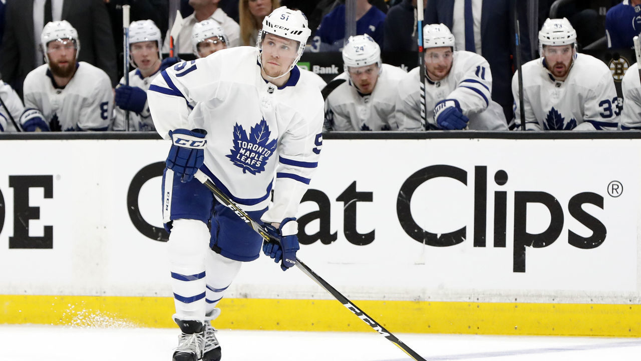 BOSTON, MA - APRIL 19: Toronto Maple Leafs defenseman Jake Gardiner (51) looks for the cross ice pass during Game 5 of the First Round Stanley Cup Playoffs between the Boston Bruins and the Toronto Maple Leafs on April 19, 2019, at TD garden in Boston, Massachusetts.