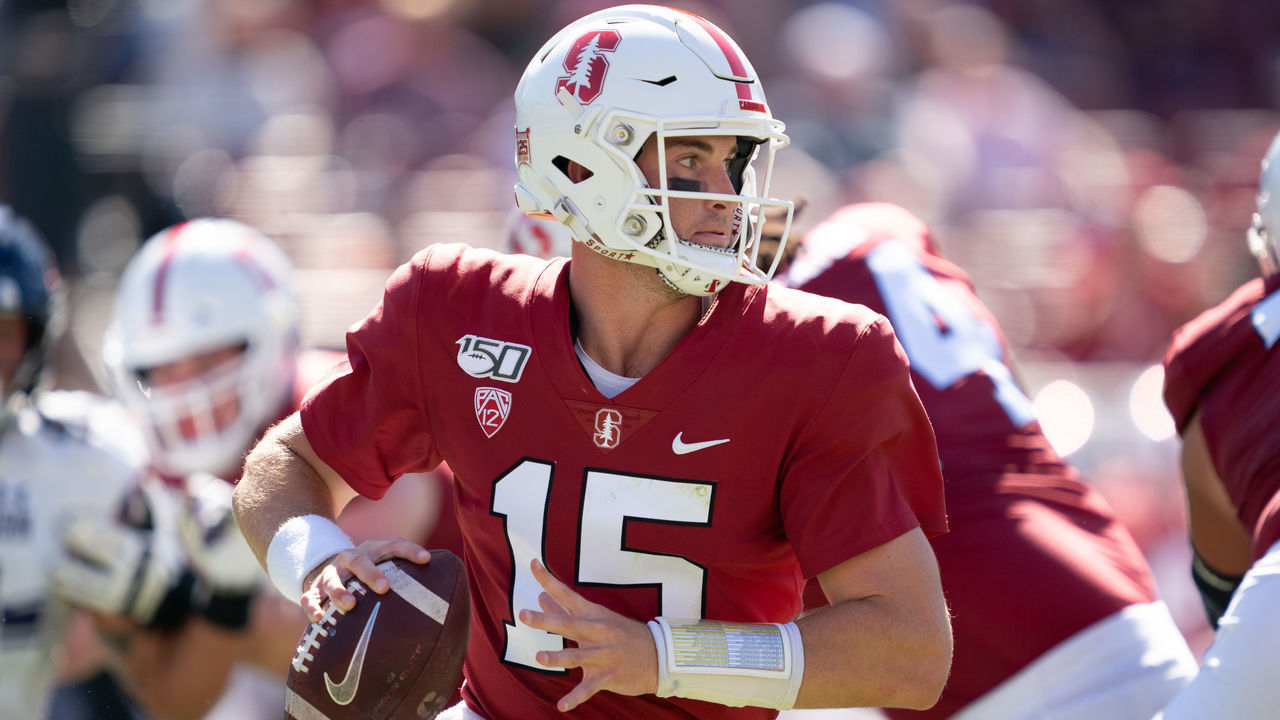 PALO ALTO, CA - AUGUST 31: Stanford Cardinal quarterback Davis Mills #15 looks to pass the ball during a game between Northwestern and Stanford Football at Stanford Stadium on August 31, 2019 in Palo Alto, California. .