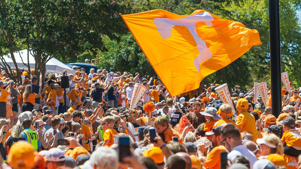 KNOXVILLE, TN - AUGUST 31: Tennessee Volunteers Power T flag flying at the Vol Walk before a college football game between the Tennessee Volunteers and Georgia State Panthers on August 31, 2019, at Neyland Stadium in Knoxville, TN.