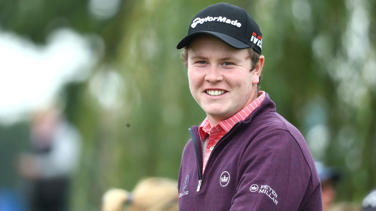 HAMBURG, GERMANY - SEPTEMBER 06: Robert MacIntyre of Scotland smiles during Day 2 of the Porsche European Open at Green Eagle Golf Course on September 06, 2019 in Hamburg, Germany.
