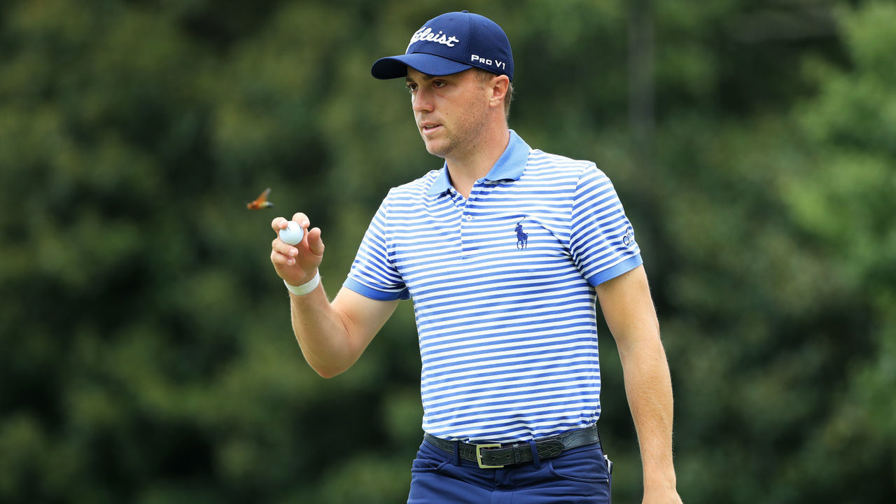 ATLANTA, GEORGIA - AUGUST 25: Justin Thomas of the United States reacts to his par on the second hole during the final round of the TOUR Championship at East Lake Golf Club on August 25, 2019 in Atlanta, Georgia.
