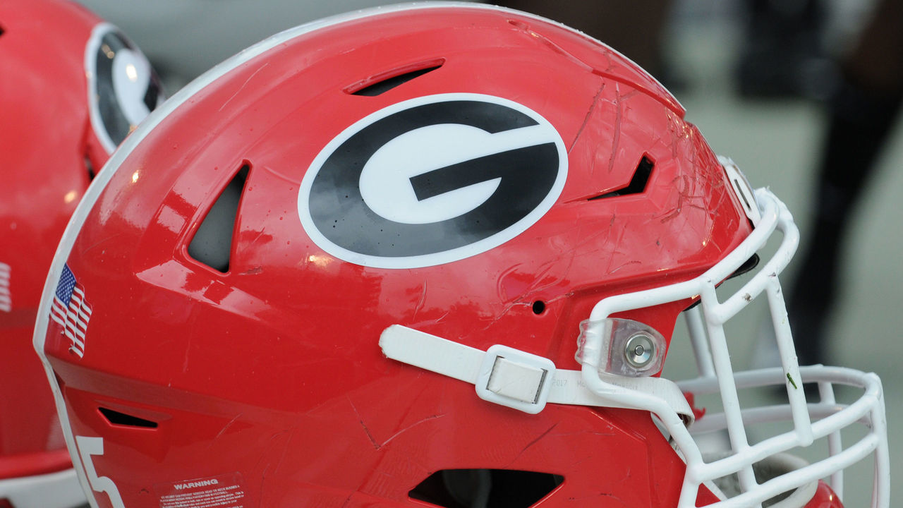 ATHENS, GA - APRIL 20: A Georgia Football helmet sits on the sideline during the Georgia Bulldogs Spring Game on April 20, 2019, at Sanford Stadium in Athens, GA.