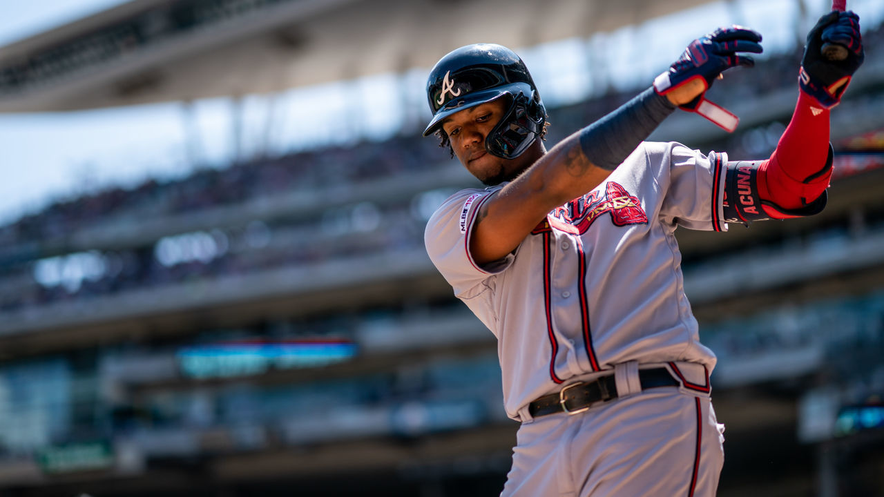 MINNEAPOLIS, MN - AUGUST 07: Ronald Acuna Jr. #13 of the Atlanta Braves bats and looks on against the Minnesota Twins on August 7, 2019 at the Target Field in Minneapolis, Minnesota. The Twins defeated the Braves 11-7.