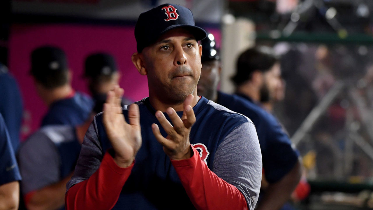 ANAHEIM, CA - AUGUST 30: Alex Cora of the Boston Red Sox during a MLB baseball game between the Los Angeles Angels and the Boston Red Sox at Angel Stadium of Anaheim on Friday, Aug. 30, 2019 in Anaheim, California.