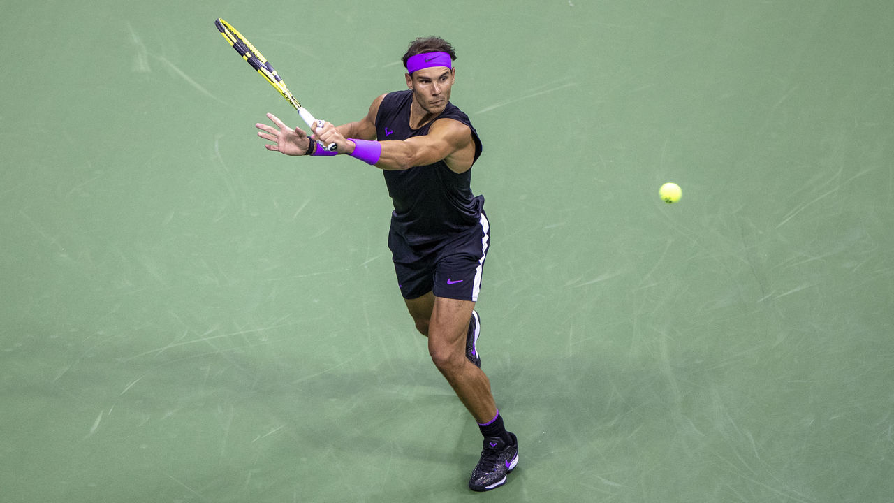 2019 US Open Tennis Tournament- Day Twelve. Rafael Nadal of Spain in action against Matteo Berrettini of Italy in the Men's Singles Semi-Finals match on Arthur Ashe Stadium during the 2019 US Open Tennis Tournament at the USTA Billie Jean King National Tennis Center on September 6th, 2019 in Flushing, Queens, New York City.