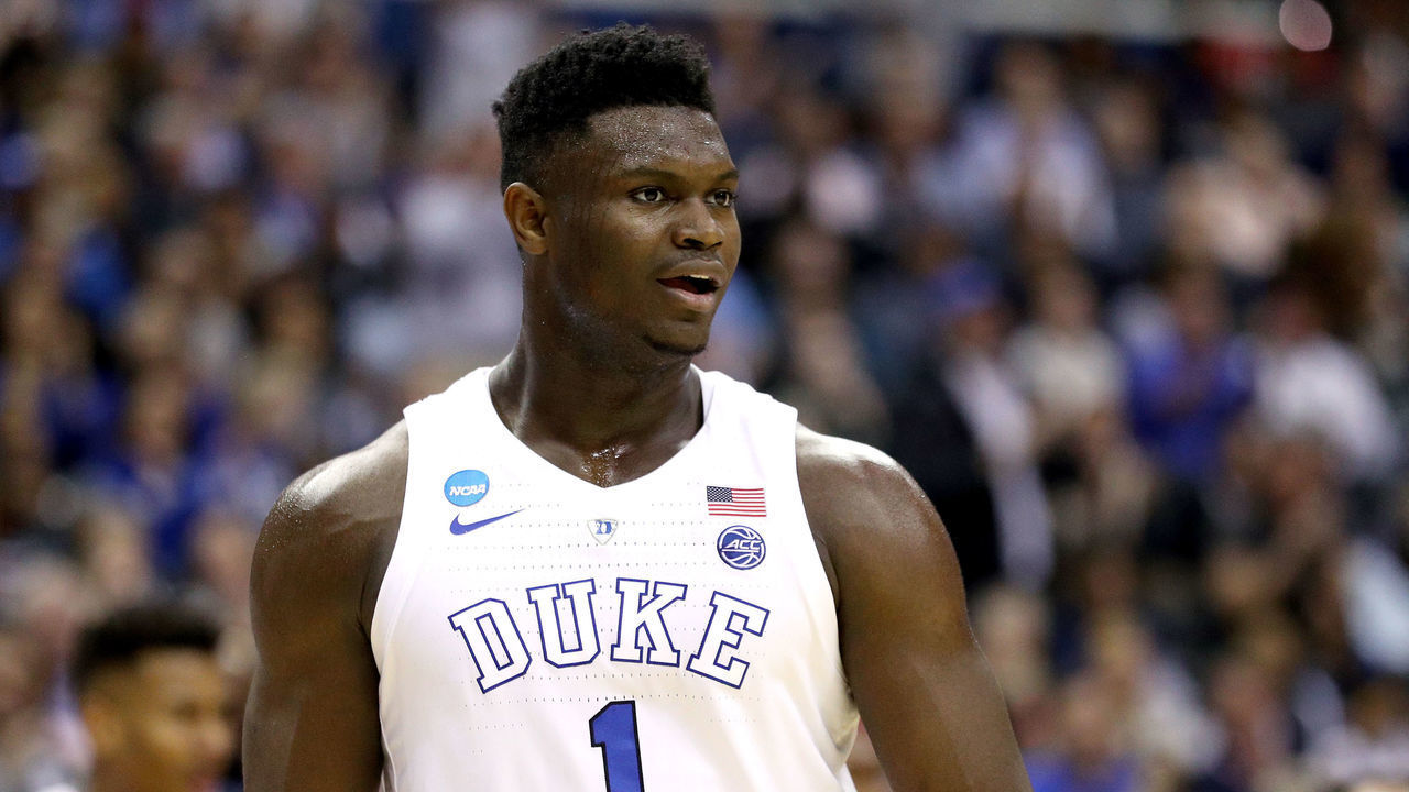 WASHINGTON, DC - MARCH 31: Zion Williamson #1 of the Duke Blue Devils reacts against the Michigan State Spartans during the first half in the East Regional game of the 2019 NCAA Men's Basketball Tournament at Capital One Arena on March 31, 2019 in Washington, DC.