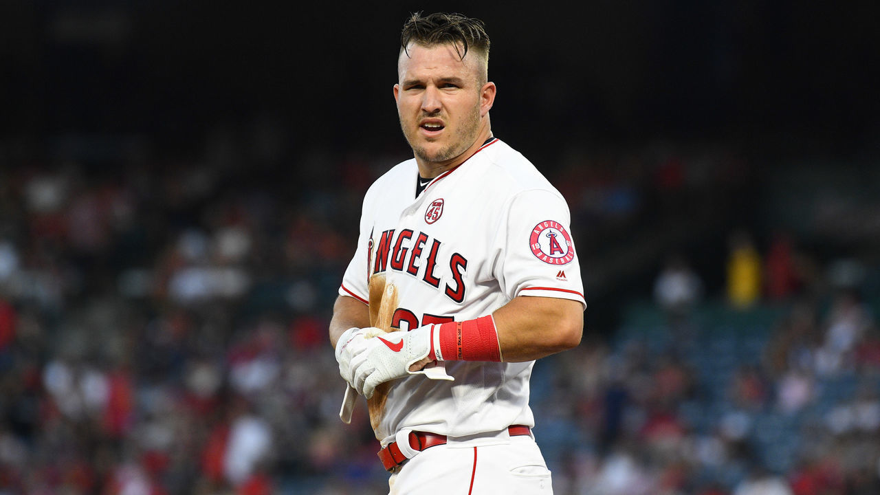 ANAHEIM, CA - AUGUST 31: Los Angeles Angels center fielder Mike Trout (27) looks on during a MLB game between the Boston Red Sox and the Los Angeles Angels of Anaheim on August 31, 2019 at Angel Stadium of Anaheim in Anaheim, CA.