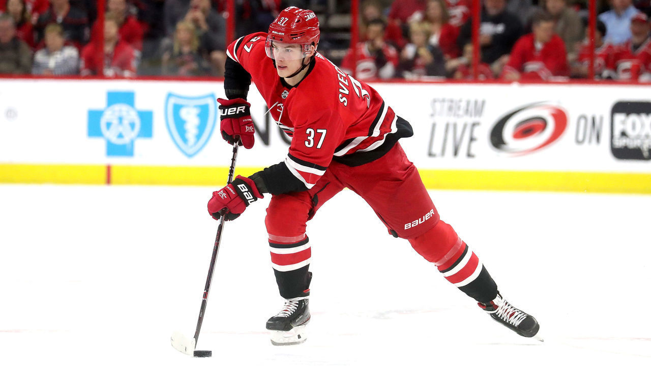 RALEIGH, NC - APRIL 4: Andrei Svechnikov #37 of the Carolina Hurricanes skates with the puck during an NHL game against the New Jersey Devils at PNC Arena on April 4, 2019, in Raleigh, North Carolina.