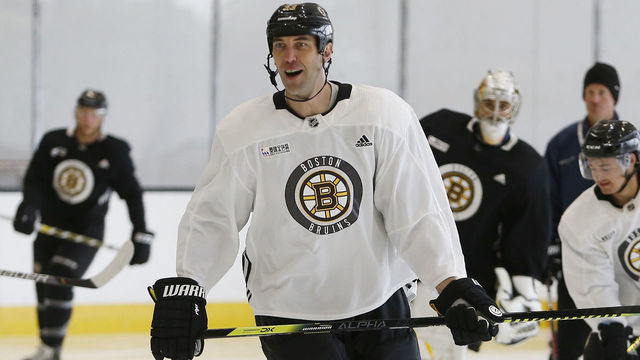 BOSTON - SEPTEMBER 4: Boston Bruins' Zdeno Chara, center, jokes during captain's practice at Warrior Ice Arena in the Brighton neighborhood of Boston on Sep. 4, 2019.
