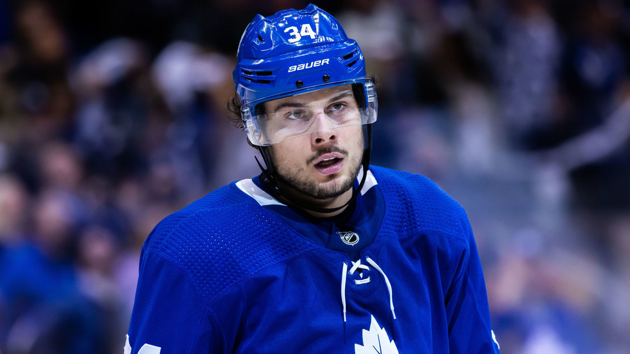 TORONTO, ON - APRIL 21: Auston Matthews #34 of the Toronto Maple Leafs looks on against the Boston Bruins during the third period during Game Six of the Eastern Conference First Round during the 2019 NHL Stanley Cup Playoffs at the Scotiabank Arena on April 21, 2019 in Toronto, Ontario, Canada.