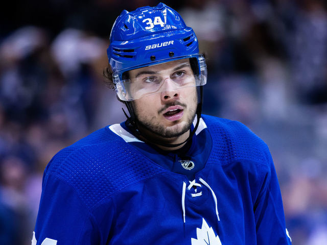 TORONTO, ON - APRIL 21: Auston Matthews #34 of the Toronto Maple Leafs looks on against the Boston Bruins during the third period during Game Six of the Eastern Conference First Round during the 2019 NHL Stanley Cup Playoffs at the Scotiabank Arena on April 21, 2019 in Toronto, Ontario, Canada.