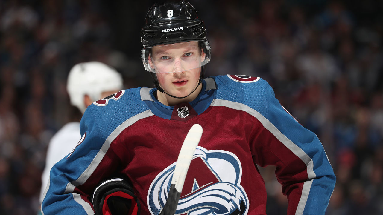 DENVER, CO - APRIL 30: Cale Makar #8 of the Colorado Avalanche skates against the San Jose Sharks in Game Three of the Western Conference Second Round during the 2019 NHL Stanley Cup Playoffs at the Pepsi Center on April 30, 2019 in Denver, Colorado.