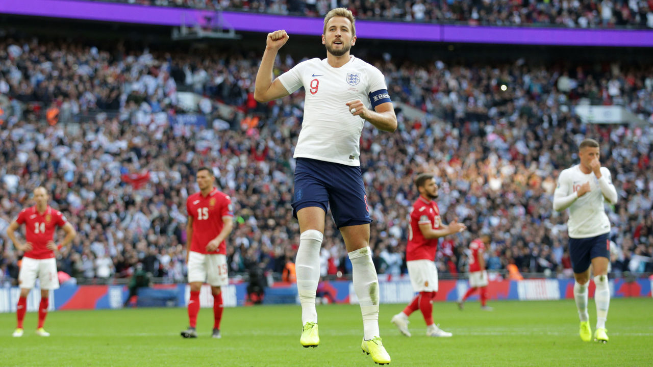 LONDON, ENGLAND - SEPTEMBER 07: Harry Kane of England celebrates after he scores a goal from the spot and his hat-trick to make it 4-0 during the UEFA Euro 2020 qualifier match between England and Bulgaria at Wembley Stadium on September 07, 2019 in London, England.