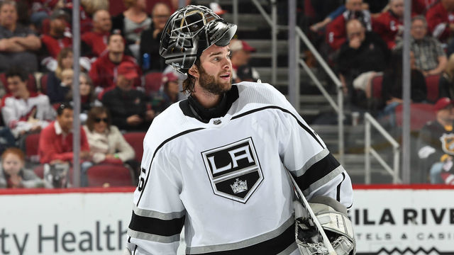 GLENDALE, AZ - APRIL 02: Jack Campbell #36 of the Los Angeles Kings skates to the bench during a stop in play against the Arizona Coyotes at Gila River Arena on April 2, 2019 in Glendale, Arizona.