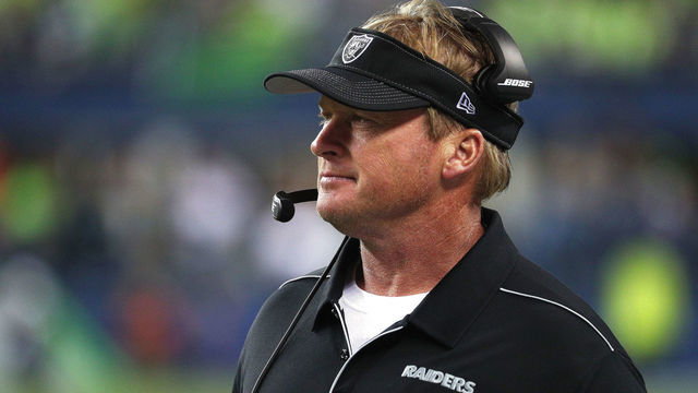 SEATTLE, WASHINGTON - AUGUST 29: Head coach Jon Gruden of the Oakland Raiders looks down the field in the third quarter against the Seattle Seahawks during their NFL preseason game at CenturyLink Field on August 29, 2019 in Seattle, Washington.