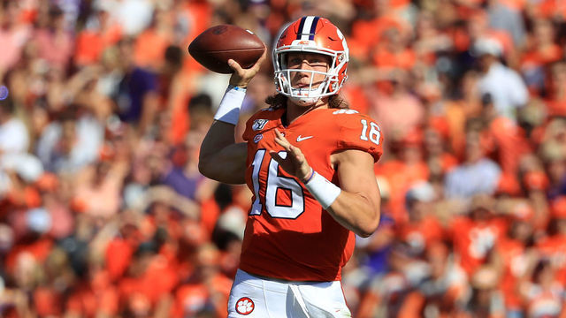 CLEMSON, SOUTH CAROLINA - SEPTEMBER 07: Trevor Lawrence #16 of the Clemson Tigers drops back to pass against the Texas A&M Aggies during their game at Memorial Stadium on September 07, 2019 in Clemson, South Carolina.