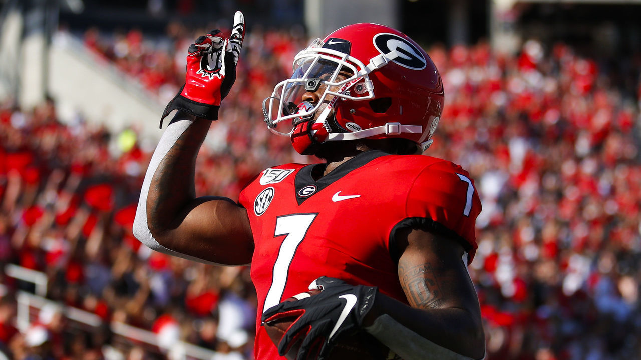ATHENS, GA - SEPTEMBER 07: Georgia Bulldogs running back D'Andre Swift (7) reacts after scoring a touchdown in the first half of the Murray State Racers v Georgia Bulldogs game on September 7, 2019 at Sanford Stadium in Athens, GA.