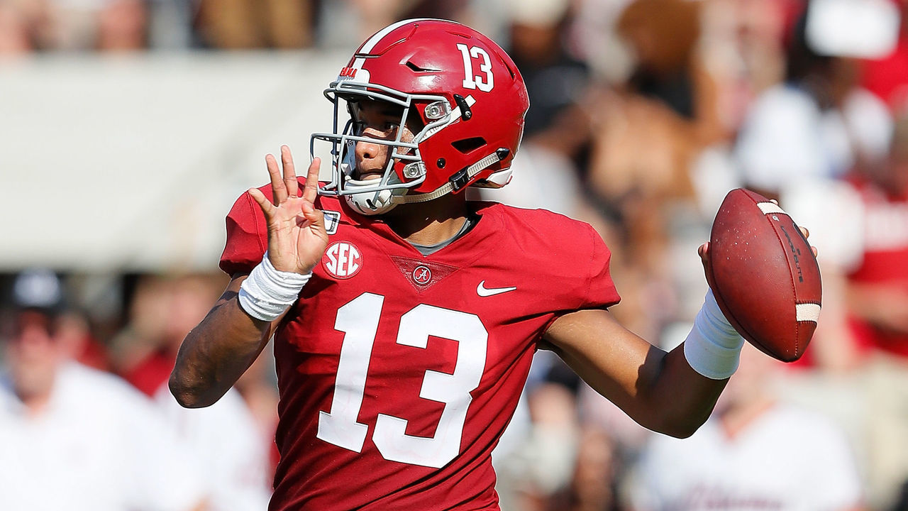 TUSCALOOSA, ALABAMA - SEPTEMBER 07: Tua Tagovailoa #13 of the Alabama Crimson Tide looks to pass against the New Mexico State Aggies in the first half at Bryant-Denny Stadium on September 07, 2019 in Tuscaloosa, Alabama.