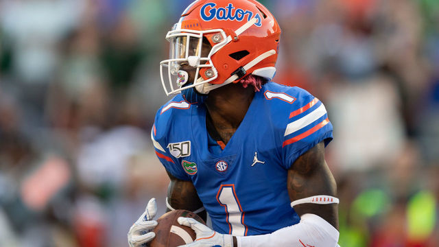 ORLANDO, FL - AUGUST 24: Florida athlete Kadarius Toney (1) returns a kickoff during the first half of the Camping World Kickoff between the Florida Gators and the Miami Hurricanes on August 24, 2019, at Camping World Stadium in Orlando, FL.
