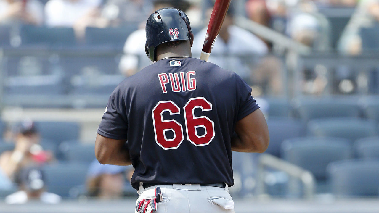 NEW YORK, NEW YORK - AUGUST 17: Yasiel Puig #66 of the Cleveland Indians in action against the New York Yankees at Yankee Stadium on August 17, 2019 in New York City. The Yankees defeated the Indians 6-5.