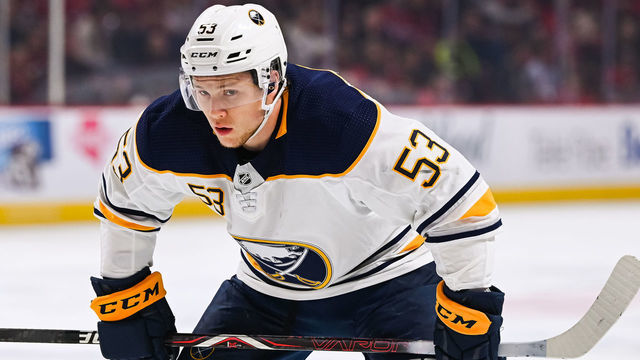 MONTREAL, QC - MARCH 23: Buffalo Sabres left wing Jeff Skinner (53) waits for a faceoff during the Buffalo Sabres versus the Montreal Canadiens game on March 23, 2019, at Bell Centre in Montreal, QC