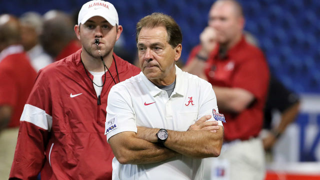 ATLANTA, GA - AUGUST 31: Alabama Crimson Tide head coach Nick Saban watches pre-game warmups for the Chick-fil-A Kickoff Game between the Alabama Crimson Tide and the Duke Blue Devils on August 31, 2019 at Mercedes-Benz Stadium in Atlanta, Georgia.