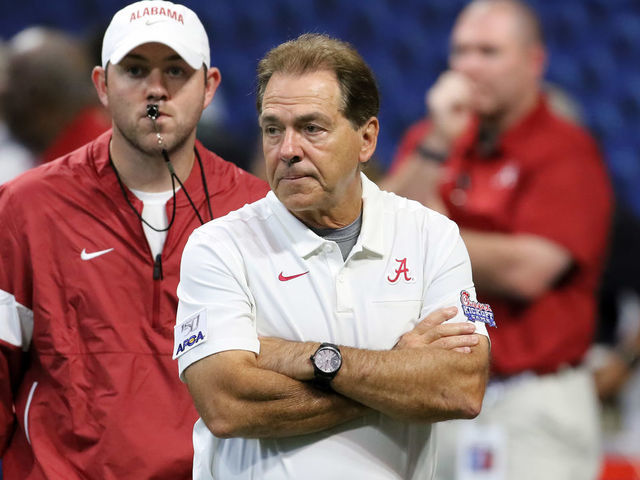 ATLANTA, GA - AUGUST 31: Alabama Crimson Tide head coach Nick Saban watches pre-game warmups for the Chick-fil-A Kickoff Game between the Alabama Crimson Tide and the Duke Blue Devils on August 31, 2019 at Mercedes-Benz Stadium in Atlanta, Georgia.