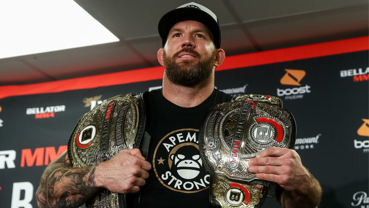 CALIFORNIA, UNITED STATES - JANUARY 26, 2019: American light heavyweight MMA fighter Ryan Bader poses with his trophies at a press conference on winning the Bellator Heavyweight World Grand Prix final bout against his Russian rival Fedor Emelianenko at the Forum in Inglewood, California; Bader knocked out Emelianenko 35 seconds into the bout. TASS