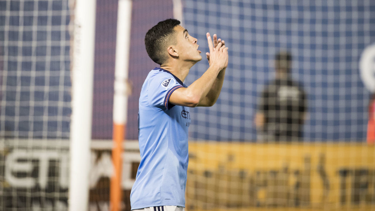 BRONX, NY - JULY 14: Jesus Medina #19 of New York City celebrates his goal in the 2nd half of the match during the Major League Soccer match between New York City FC and Columbus Crew at Yankee Stadium on July 14, 2018 in the Bronx borough of New York. New York City FC won the match with a score of 2 to 0.