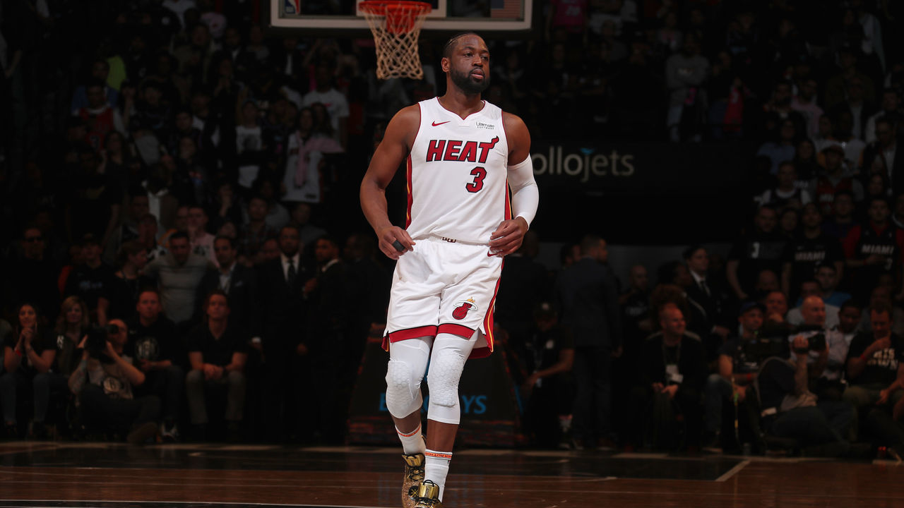 BROOKLYN, NY - APRIL 10: Dwyane Wade #3 of the Miami Heat looks on against the Brooklyn Nets on April 10, 2019 at Barclays Center in Brooklyn, New York. Mandatory Copyright Notice: Copyright 2019 NBAE