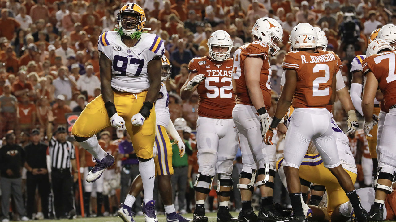AUSTIN, TX - SEPTEMBER 07: Glen Logan #97 of the LSU Tigers celebrates after a sack in the fourth quarter against the Texas Longhorns at Darrell K Royal-Texas Memorial Stadium on September 7, 2019 in Austin, Texas.