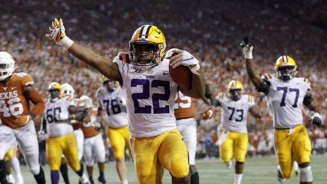 AUSTIN, TX - SEPTEMBER 07: Clyde Edwards-Helaire #22 of the LSU Tigers rushes for a touchdown in the fourth quarter against the Texas Longhorns at Darrell K Royal-Texas Memorial Stadium on September 7, 2019 in Austin, Texas.