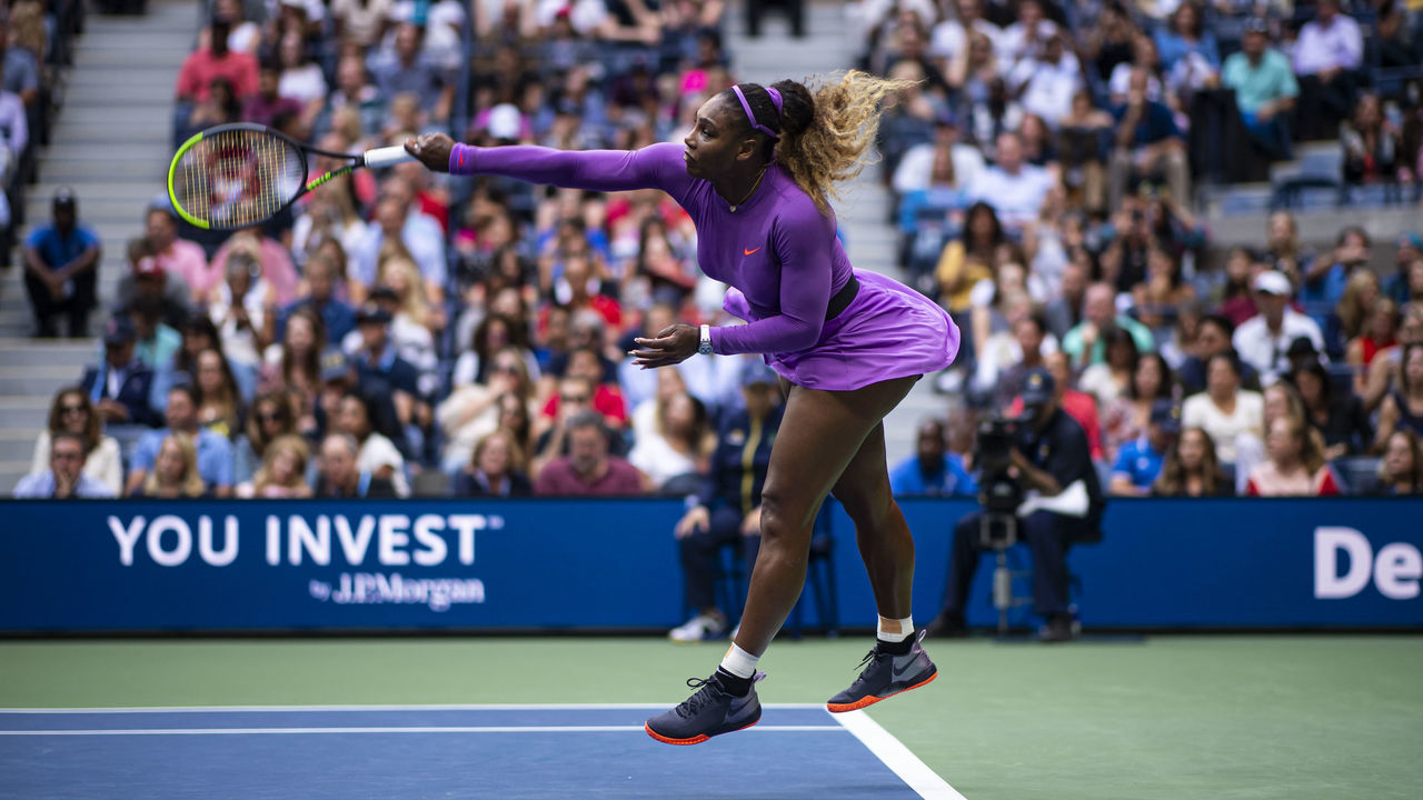 NEW YORK, NEW YORK - SEPTEMBER 07: Serena Williams of the United States serves against Bianca Andreescu of Canada at Arthur Ashe Stadium at the USTA Billie Jean King National Tennis Center on September 07, 2019 in New York City.