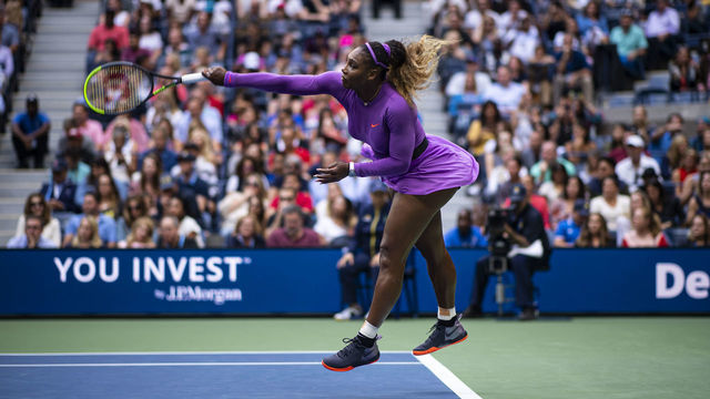 NEW YORK, NEW YORK - SEPTEMBER 07: Serena Williams of the United States serves against Bianca Andreescu of Canada at Arthur Ashe Stadium at the USTA Billie Jean King National Tennis Center on September 07, 2019 in New York City.