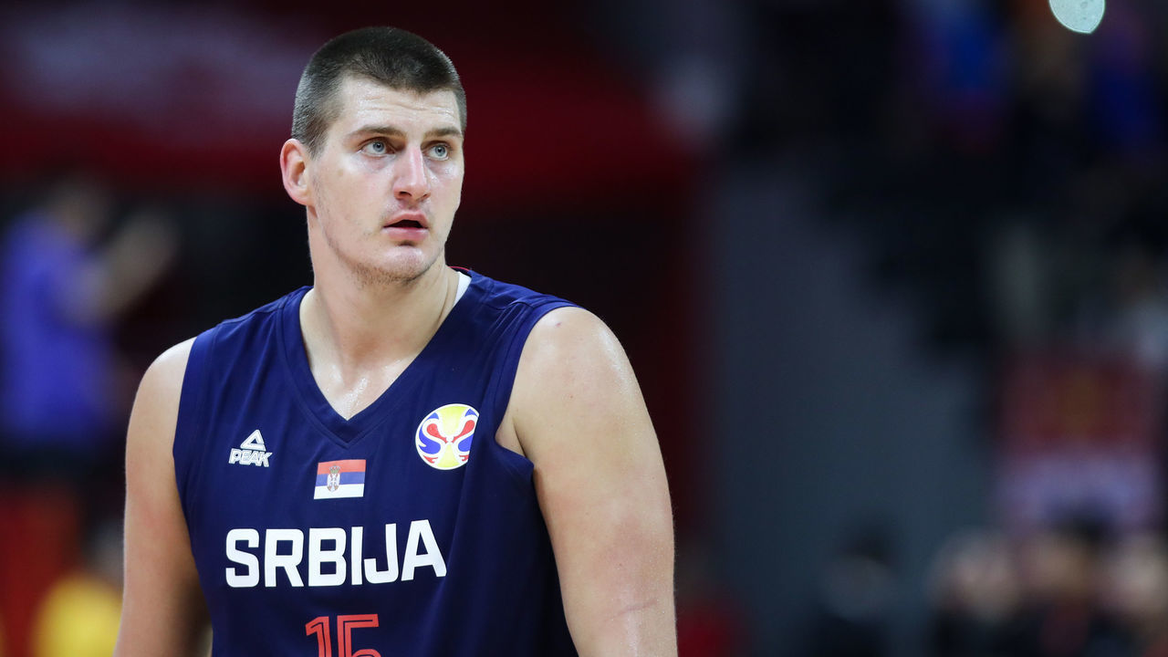 FOSHAN, CHINA - AUGUST 31: #15 Nikola Jokic of the Serbia National Team looks on against the Angola National Team during the 1st round of 2019 FIBA World Cup at GBA International Sports and Cultural Center on August 31, 2019 in Foshan, China.