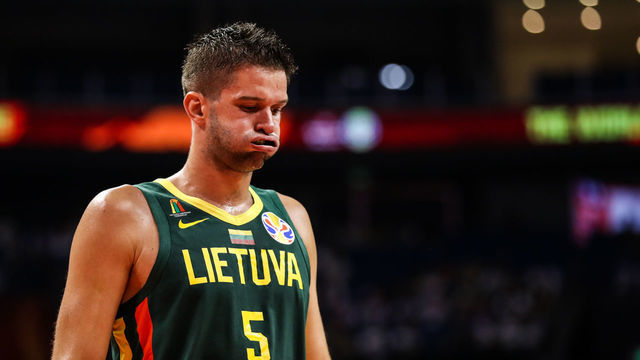 NANJING, CHINA - SEPTEMBER 07: Mantas Kalnietis #5 of Lithuania reacts during 2nd round Group L match between France and Lithuania of 2019 FIBA World Cup at Nanjing Youth Olympic Sports Park Gymnasium on September 07, 2019 in Nanjing, China.