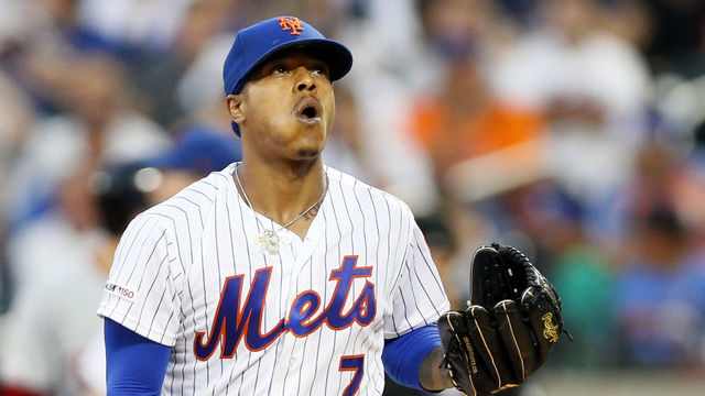 NEW YORK, NY - AUGUST 09: Pitcher Marcus Stroman #7 of the New York Mets reacts during an MLB baseball game against the Washington Nationals on August 9, 2019 at Citi Field in the Queens borough of New York City. Mets won 7-6.