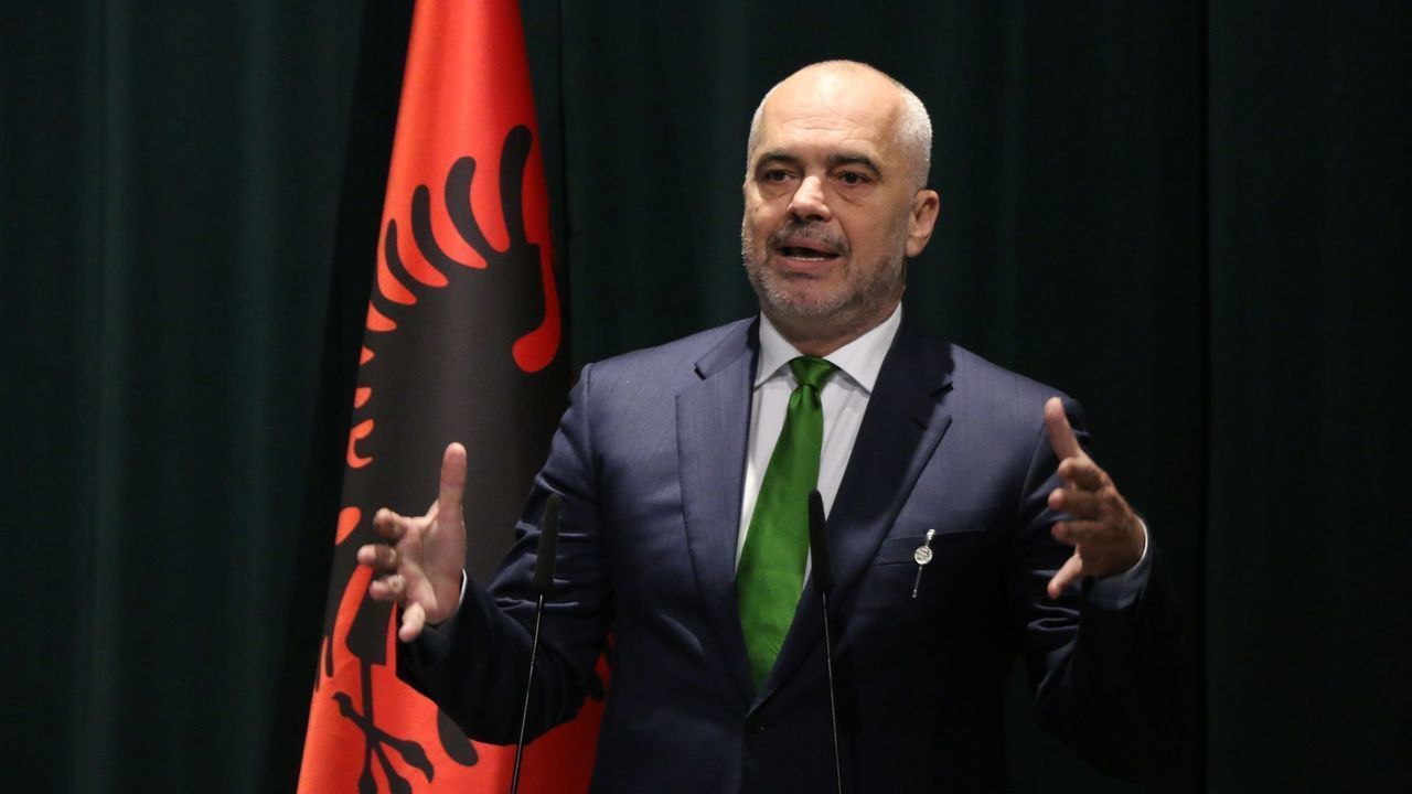 TIRANA, ALBANIA - JUNE 02 : Albanian Prime Minister Edi Rama and NATO Secretary General Jens Stoltenberg (not seen) hold a joint press conference following their meeting in Tirana, Albania on June 02, 2019.