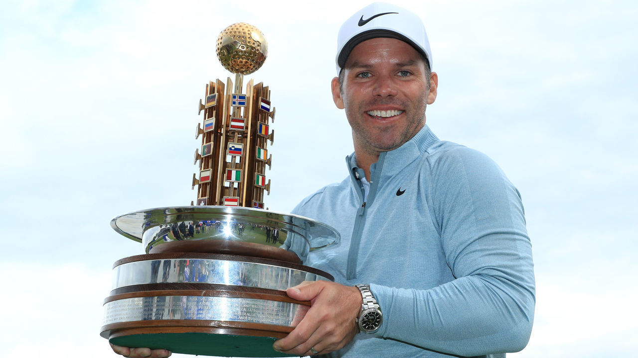 HAMBURG, GERMANY - SEPTEMBER 08: Paul Casey of England celebrates with the trophy following Day 4 of the Porsche European Open at Green Eagle Golf Course on September 08, 2019 in Hamburg, Germany.