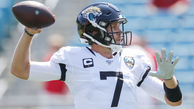 JACKSONVILLE, FLORIDA - SEPTEMBER 08: Nick Foles #7 of the Jacksonville Jaguars throws a pass during warmups before a game against the Kansas City Chiefs at TIAA Bank Field on September 08, 2019 in Jacksonville, Florida.
