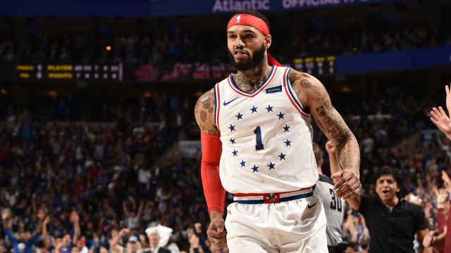PHILADELPHIA, PA - MAY 9: Mike Scott #1 of the Philadelphia 76ers reacts to a play against the Toronto Raptors during Game Six of the Eastern Conference Semifinals of the 2019 NBA Playoffs on May 9, 2019 at the Wells Fargo Center in Philadelphia, Pennsylvania. NOTE TO USER: User expressly acknowledges and agrees that, by downloading and/or using this photograph, user is consenting to the terms and conditions of the Getty Images License Agreement. Mandatory Copyright Notice: Copyright 2019 NBAE