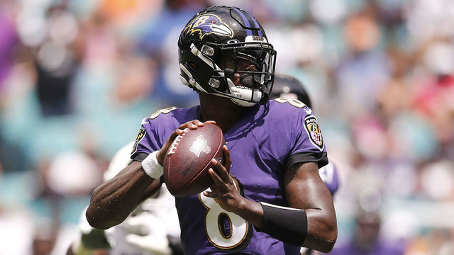 MIAMI, FLORIDA - SEPTEMBER 08: Lamar Jackson #8 of the Baltimore Ravens throws a pass against the Miami Dolphins during the first quarter at Hard Rock Stadium on September 08, 2019 in Miami, Florida.