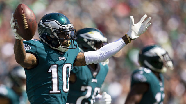 PHILADELPHIA, PA - SEPTEMBER 08: DeSean Jackson #10 of the Philadelphia Eagles reacts after catching a touchdown against the Washington Redskins in the second quarter at Lincoln Financial Field on September 8, 2019 in Philadelphia, Pennsylvania.
