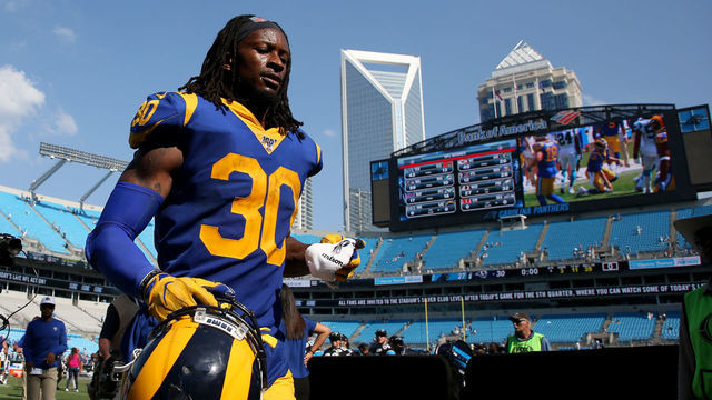 CHARLOTTE, NORTH CAROLINA - SEPTEMBER 08: Todd Gurley #30 of the Los Angeles Rams runs off the field after defeating the Carolina Panthers 30-27 after their game at Bank of America Stadium on September 08, 2019 in Charlotte, North Carolina.