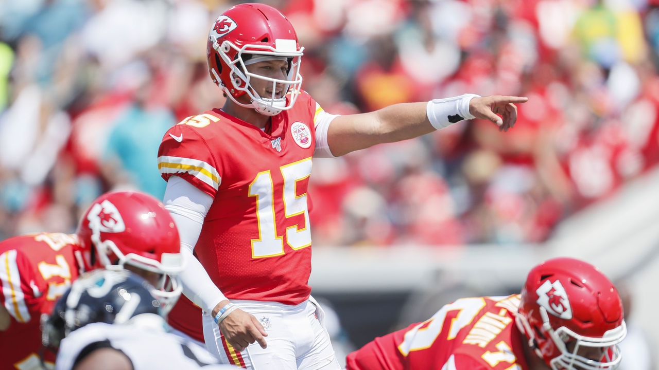 JACKSONVILLE, FLORIDA - SEPTEMBER 08: Patrick Mahomes #15 of the Kansas City Chiefs in action during the first half against the Jacksonville Jaguars at TIAA Bank Field on September 08, 2019 in Jacksonville, Florida.