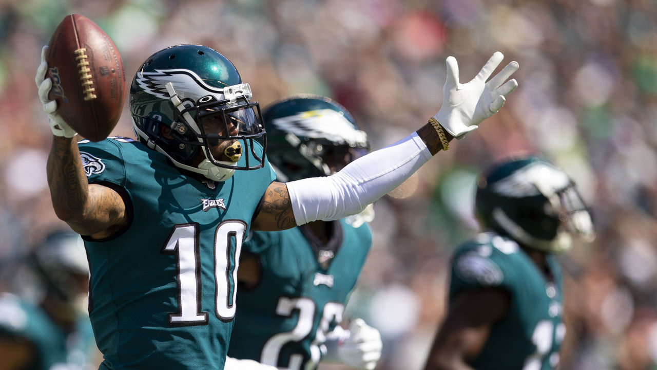 PHILADELPHIA, PA - SEPTEMBER 08: DeSean Jackson #10 of the Philadelphia Eagles reacts after catching a touchdown against the Washington Redskins in the second quarter at Lincoln Financial Field on September 8, 2019 in Philadelphia, Pennsylvania.
