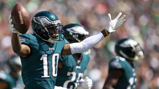 PHILADELPHIA, PA - SEPTEMBER 08: DeSean Jackson #10 of the Philadelphia Eagles reacts after catching a touchdown against the Washington Redskins in the second quarter at Lincoln Financial Field on September 8, 2019 in Philadelphia, Pennsylvania.
