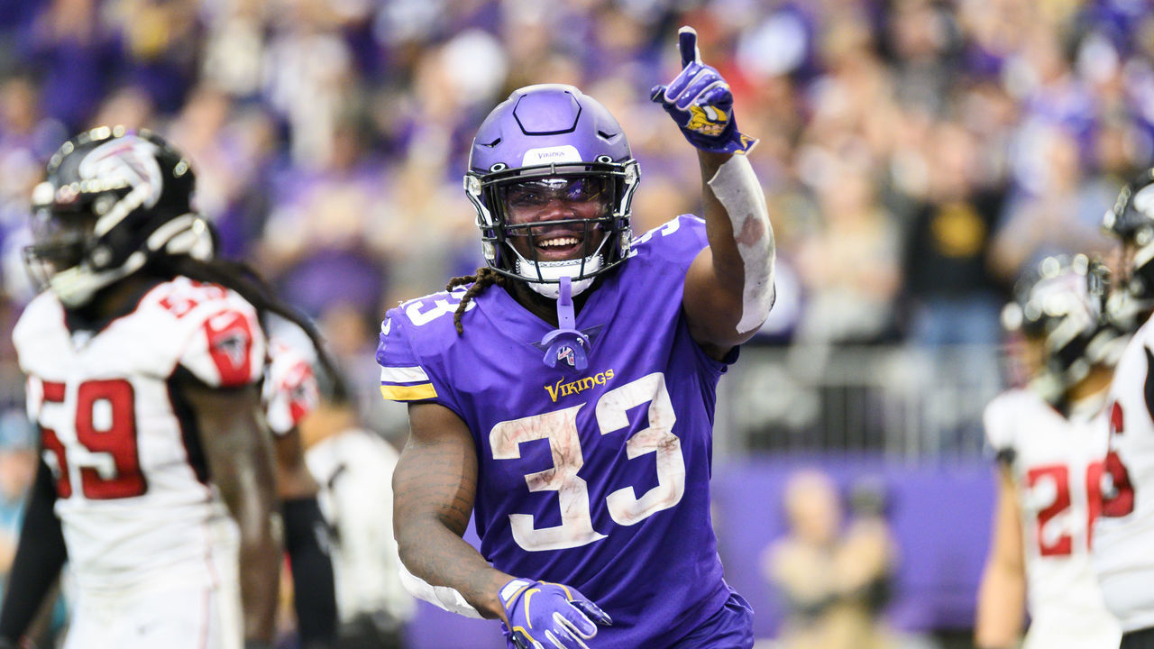 MINNEAPOLIS, MN - SEPTEMBER 8: Dalvin Cook #33 of the Minnesota Vikings points to the crowd after scoring a touchdown in the third quarter of the game against the Atlanta Falcons at U.S. Bank Stadium on September 8, 2019 in Minneapolis, Minnesota.