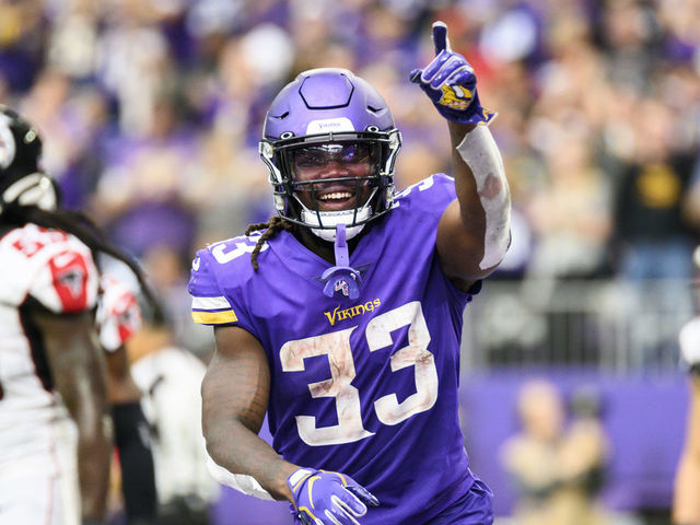 MINNEAPOLIS, MN - SEPTEMBER 8: Dalvin Cook #33 of the Minnesota Vikings points to the crowd after scoring a touchdown in the third quarter of the game against the Atlanta Falcons at U.S. Bank Stadium on September 8, 2019 in Minneapolis, Minnesota.